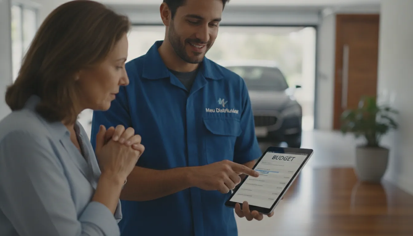 Profissional apresenta orçamento PDF em tablet ao cliente. Dashboard financeiro otimiza transparência e aprovação.