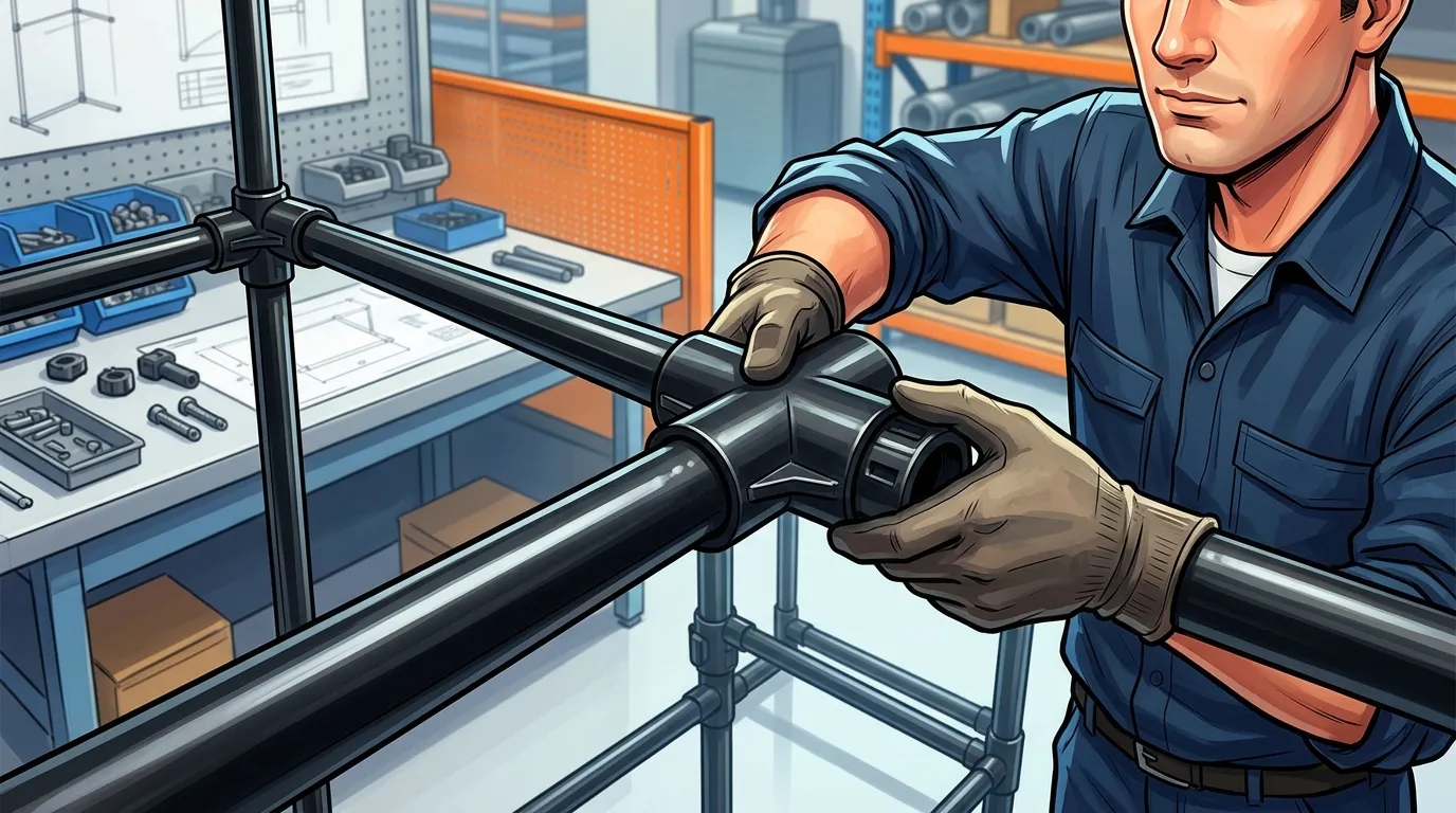 Tecnico utilizando conectores para unir tubos de metalon em suporte promocional.