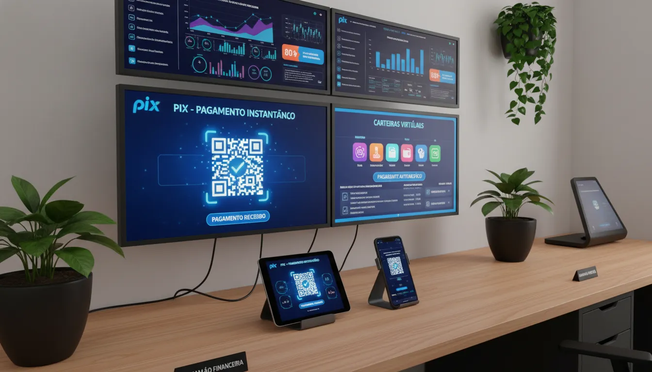 Ambiente de pequena empresa com dashboards digitais de dados, pagamentos instantâneos e automação