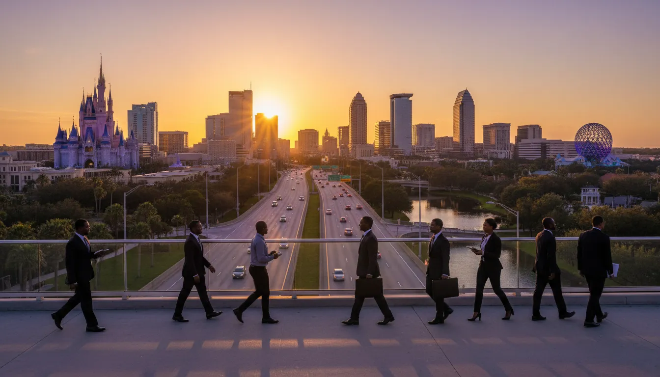 Orlando cityscape at sunset, symbolizing opportunities for opening a company in Florida. Ambitious entrepreneurs.