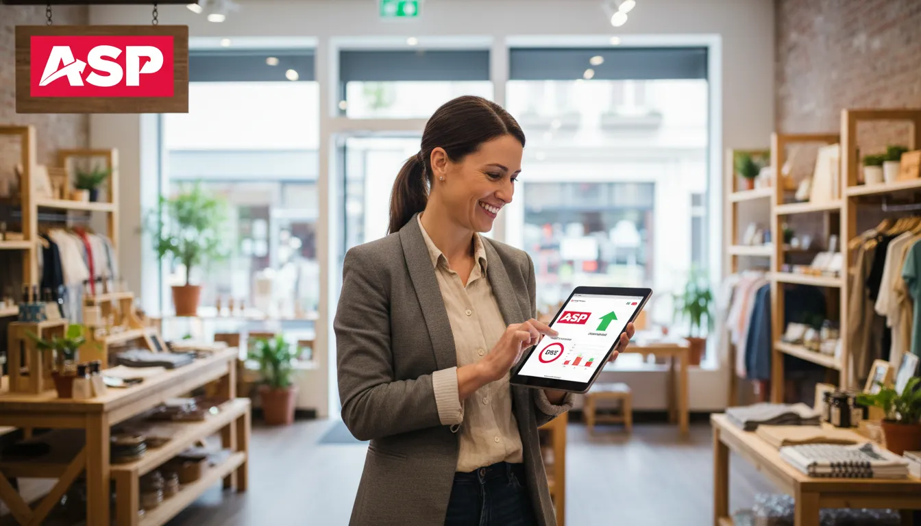 Proprietário de pequena empresa sorrindo ao analisar relatório financeiro simplificado em um tablet, com um ícone dre (Demonstração do Resultado do Exercício) exibido na tela.