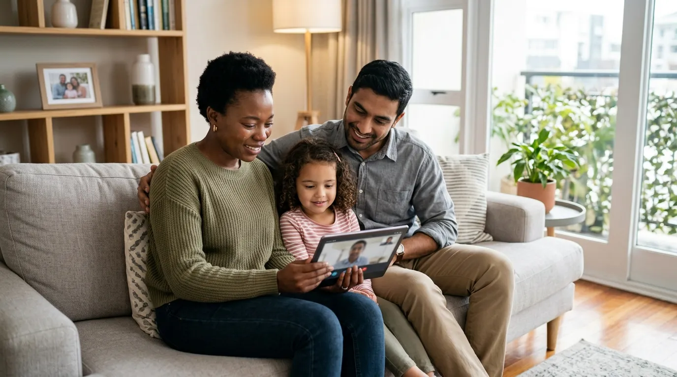 Familia recebendo orientacao de assistente social online pelo tablet em casa.