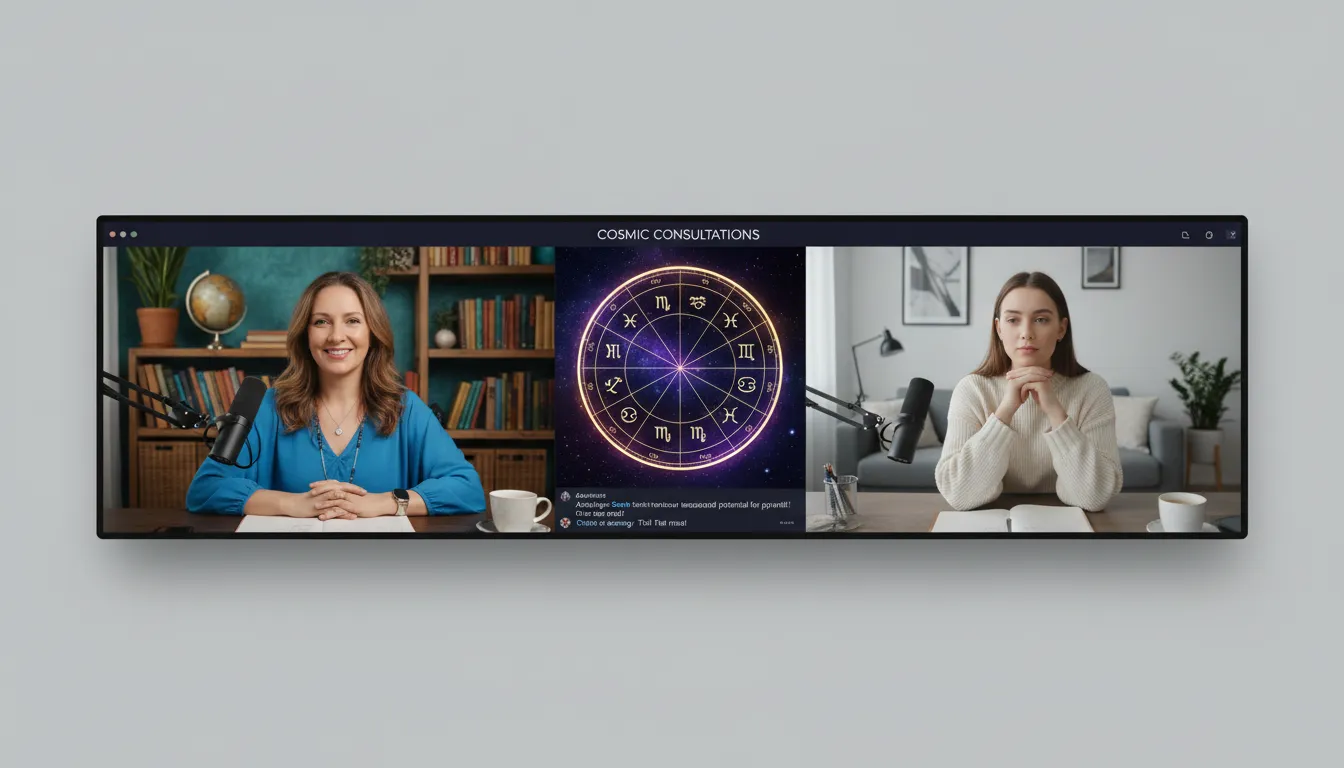 Consulta de mapa astral online entre especialista e cliente, com ambiente acolhedor e profissional.