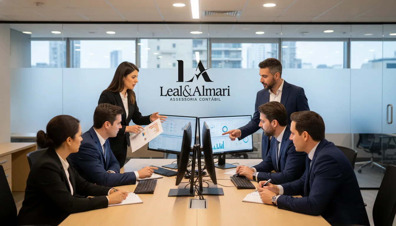 Equipe da Leal & Almari trabalhando em escrituração contabilística, enfatizando colaboração e análise de dados financeiros.