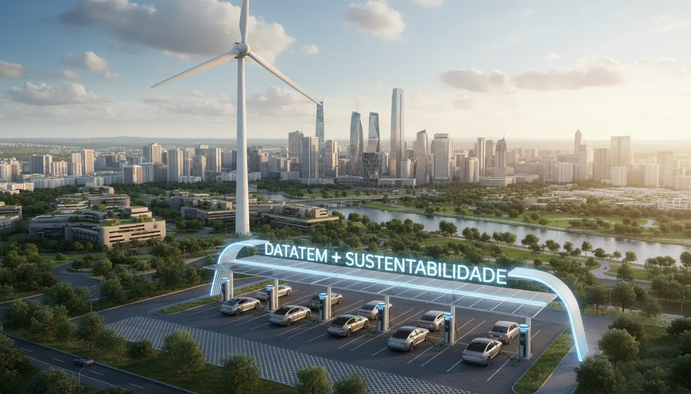 Veículos elétricos carregando em estação de energia renovável, simbolizando a sustentabilidade e a redução da pegada de carbono com o apoio da Datatem.