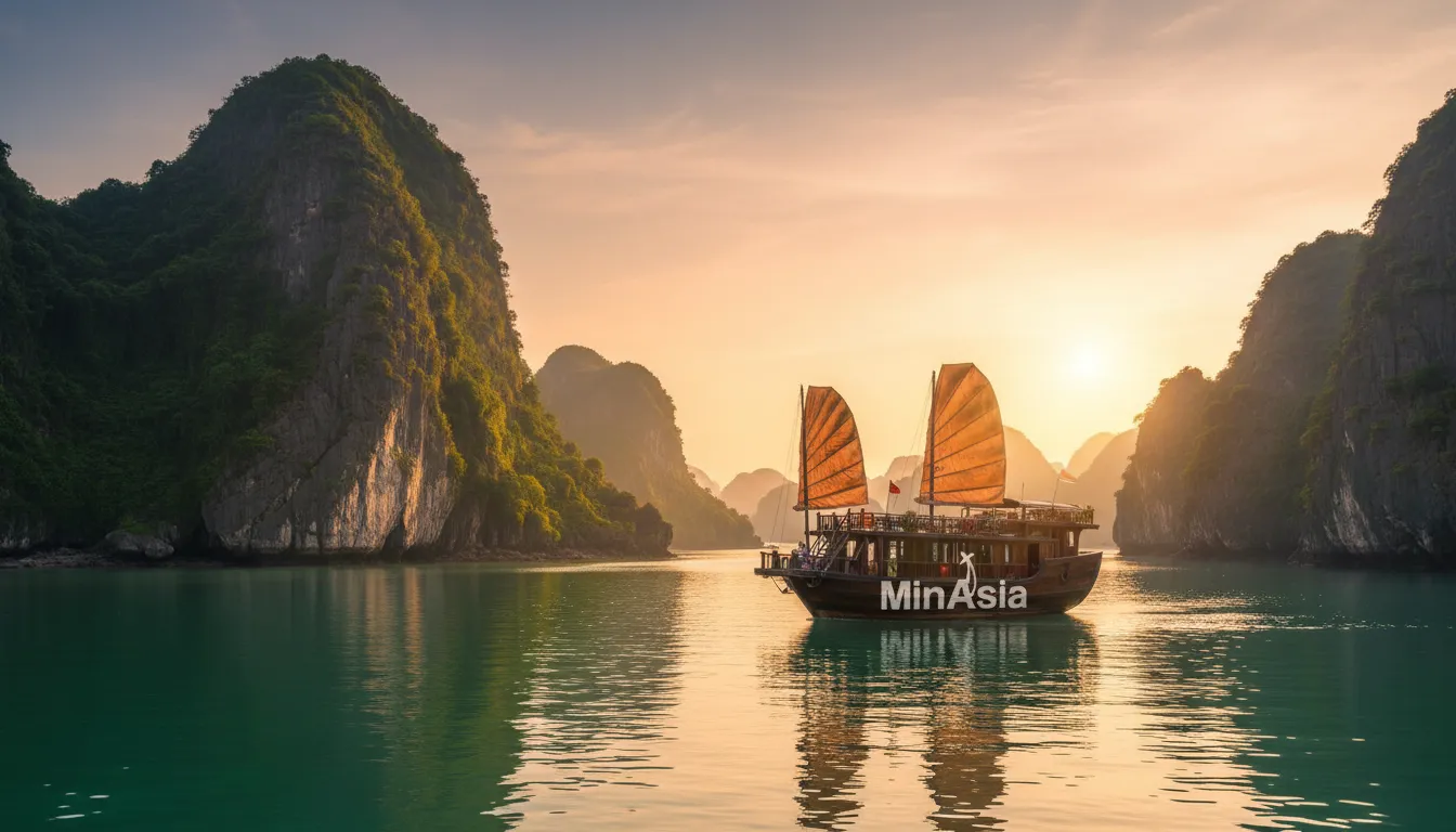 Vista deslumbrante da Baía de Halong, Vietnã, com suas formações rochosas e barco tradicional ao amanhecer.