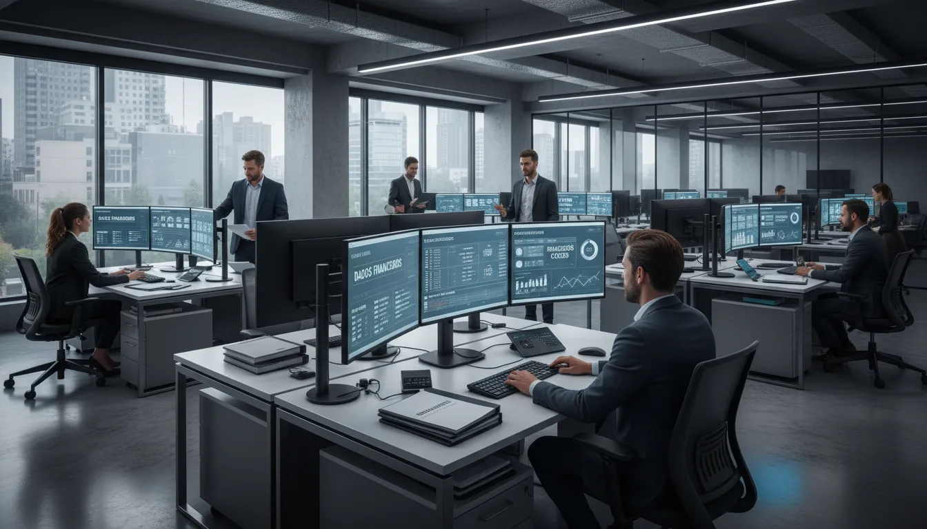 Profissionais analisam dados financeiros, tributários e custos no escritório com tecnologia de ponta.