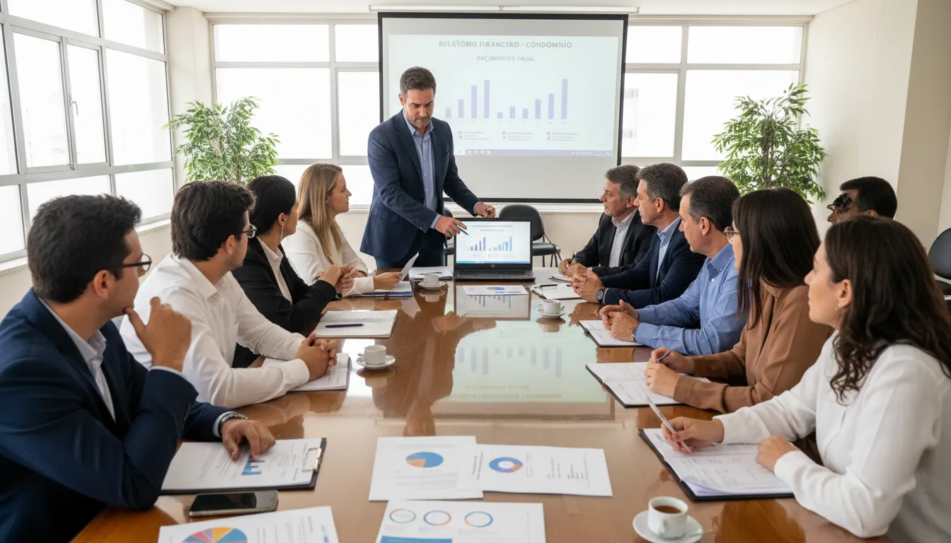 Moradores reunidos discutindo finanças condominiais em clima de colaboração