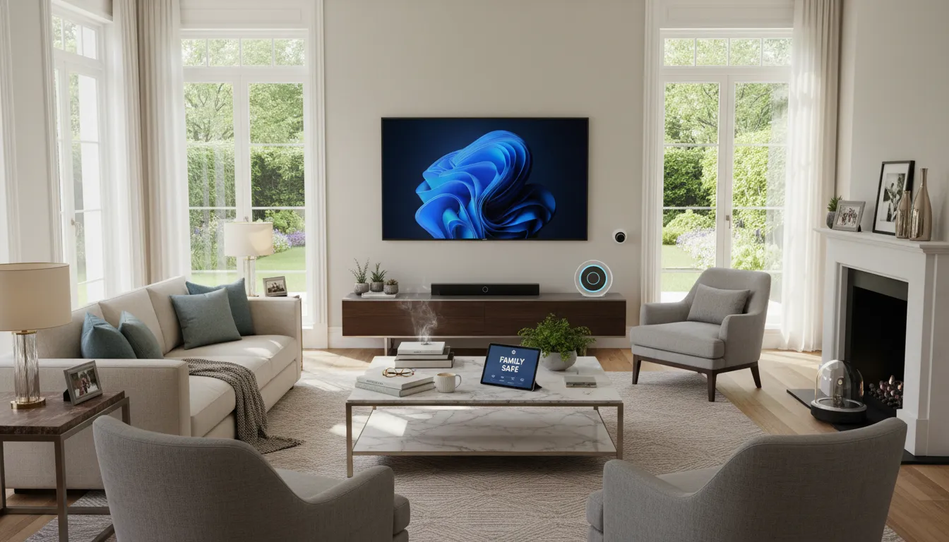 Sala de estar protegida por seguro residencial, ambiente bem cuidado com eletrônicos e objetos pessoais