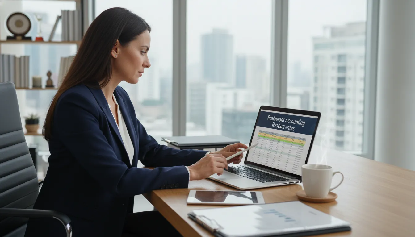 Um empreendedor analisando relatórios financeiros em um laptop em seu escritório. A tela do laptop exibe informações sobre contabilidade para restaurantes, destacando a gestão financeira.