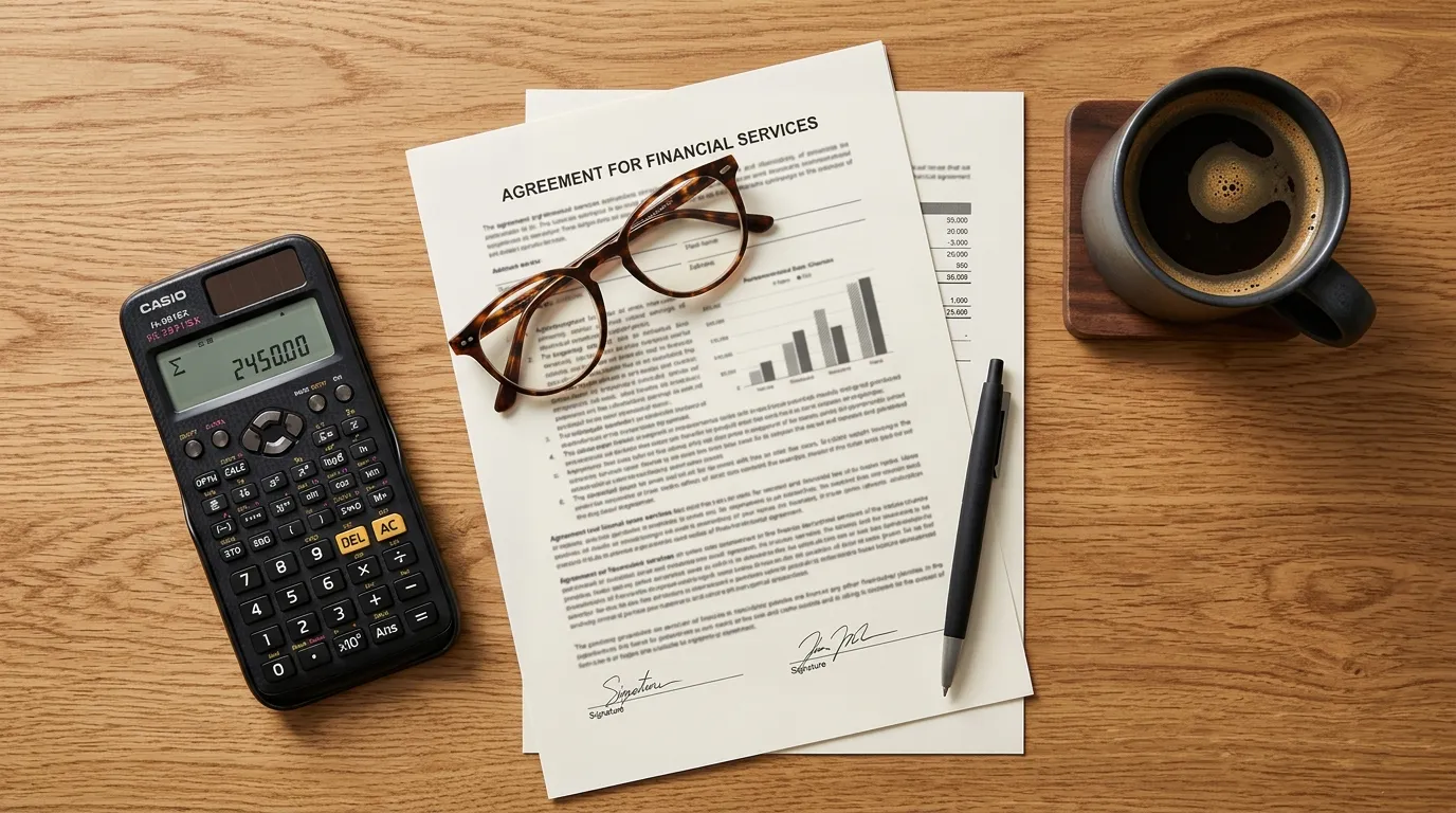 Calculadora e oculos sobre papeis mostrando o que analisar no contrato de emprestimo pessoal.