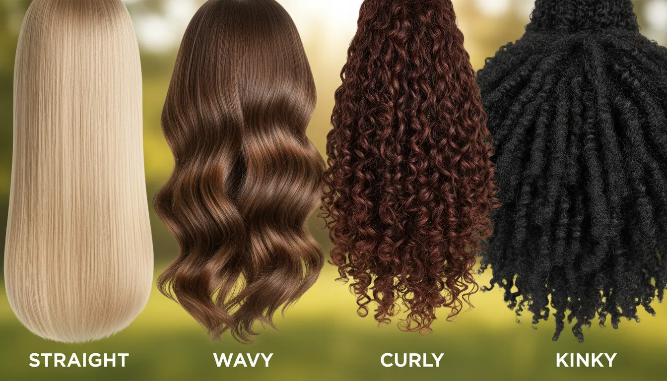 Diferentes tipos de cabelo saudáveis e brilhosos lado a lado em fundo natural