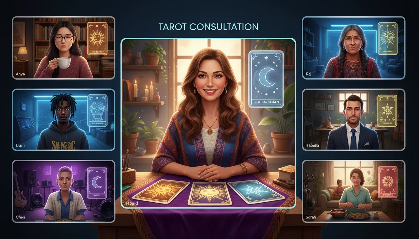 Grupo diverso consultando tarólogo online por videochamada, todos conectados e em ambientes acolhedores.