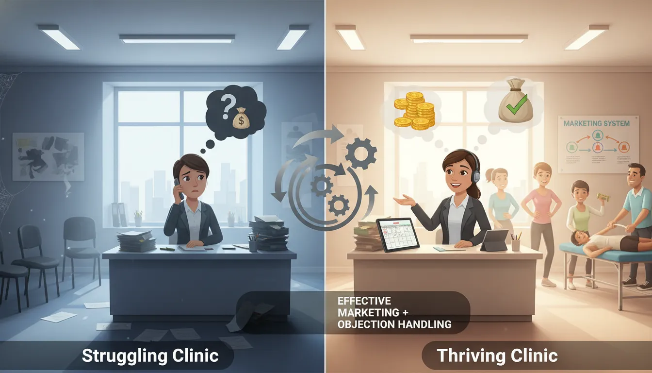 Ilustração mostra impacto da gestão de objeção: clínica wellness antes lutando e depois prosperando com marketing eficaz.