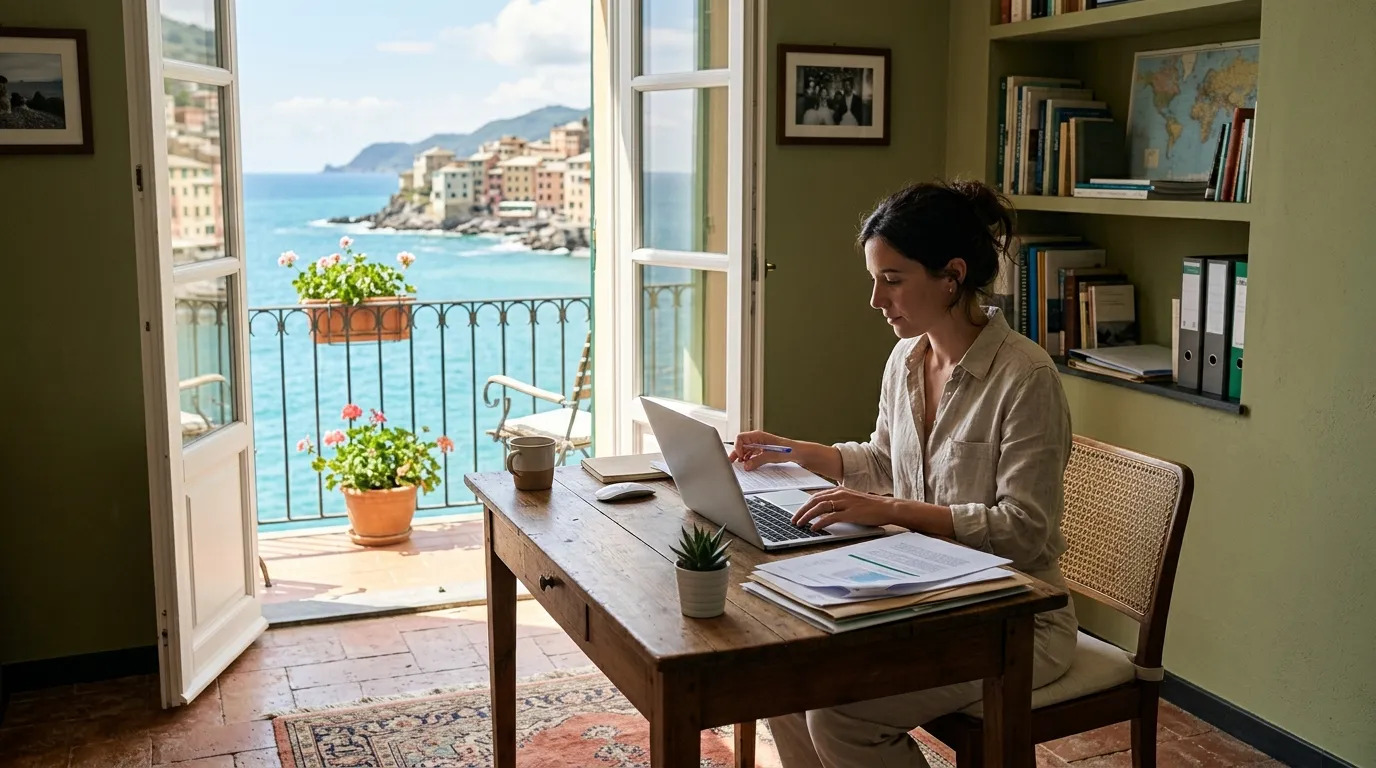 Rotina de trabalhador remoto italia em escritorio moderno com vista para o mar