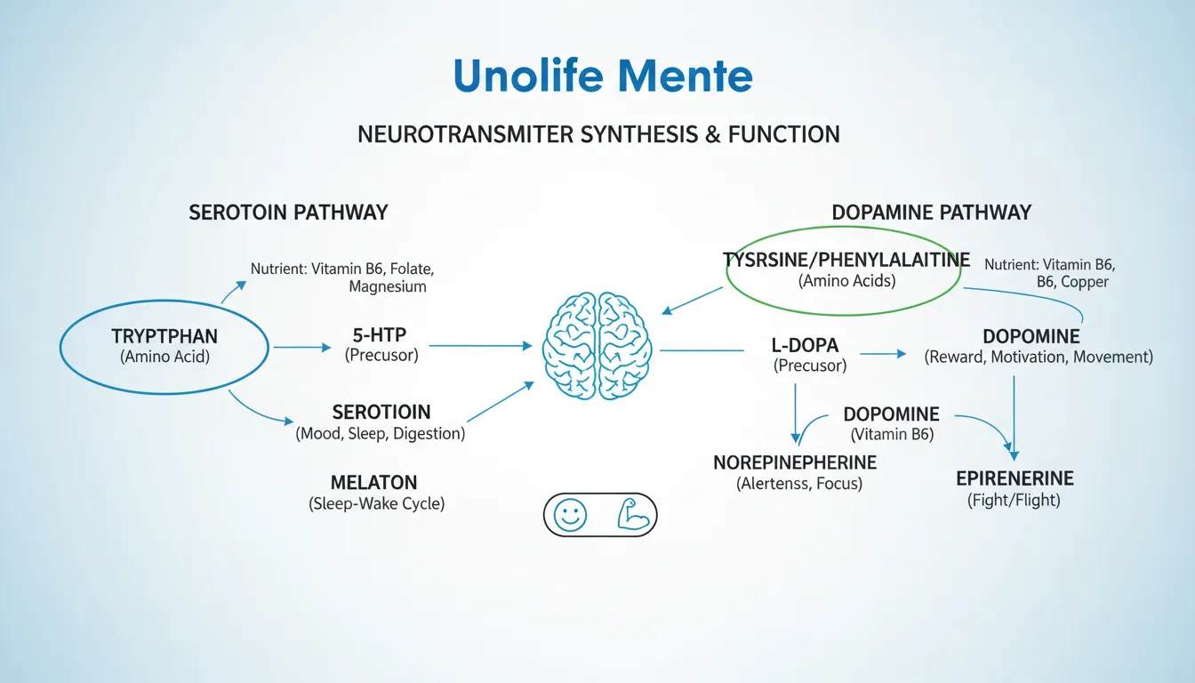 Diagrama informativo sobre a produção de neurotransmissores e a influência dos nutrientes na saúde mental, refletindo a abordagem de nutrição e saúde mental da Unolife.