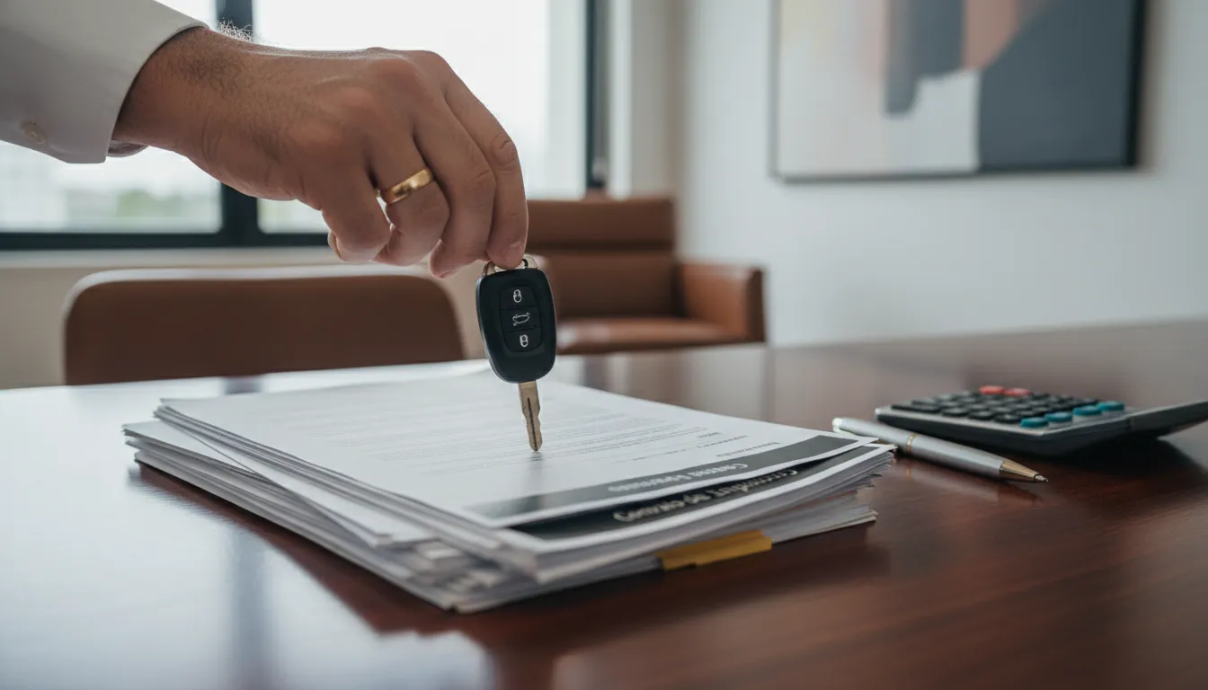 Mão depositando chave de carro sobre documentos financeiros, simbolizando automóvel em garantia empresa para crédito.