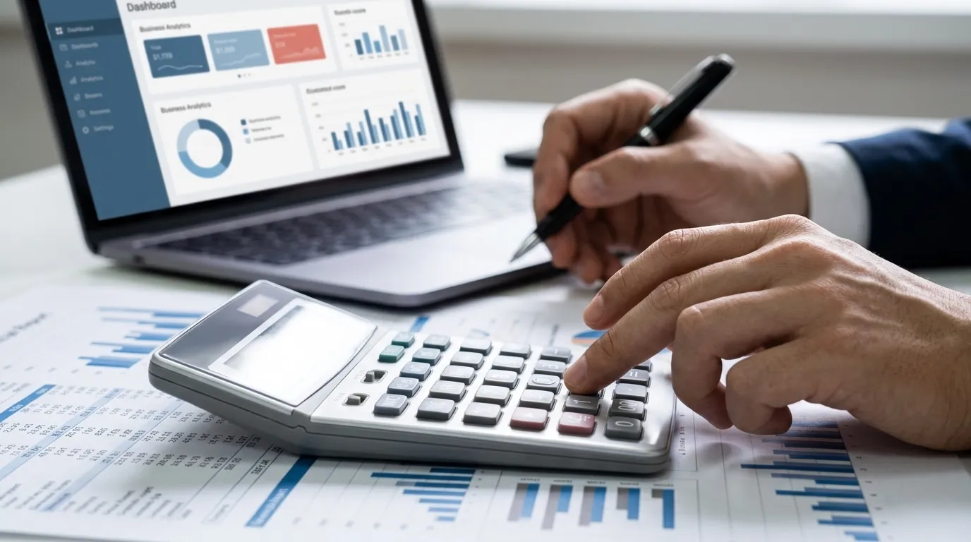 Pessoa calculando valores tributários e fator r simples nacional com calculadora e relatórios.