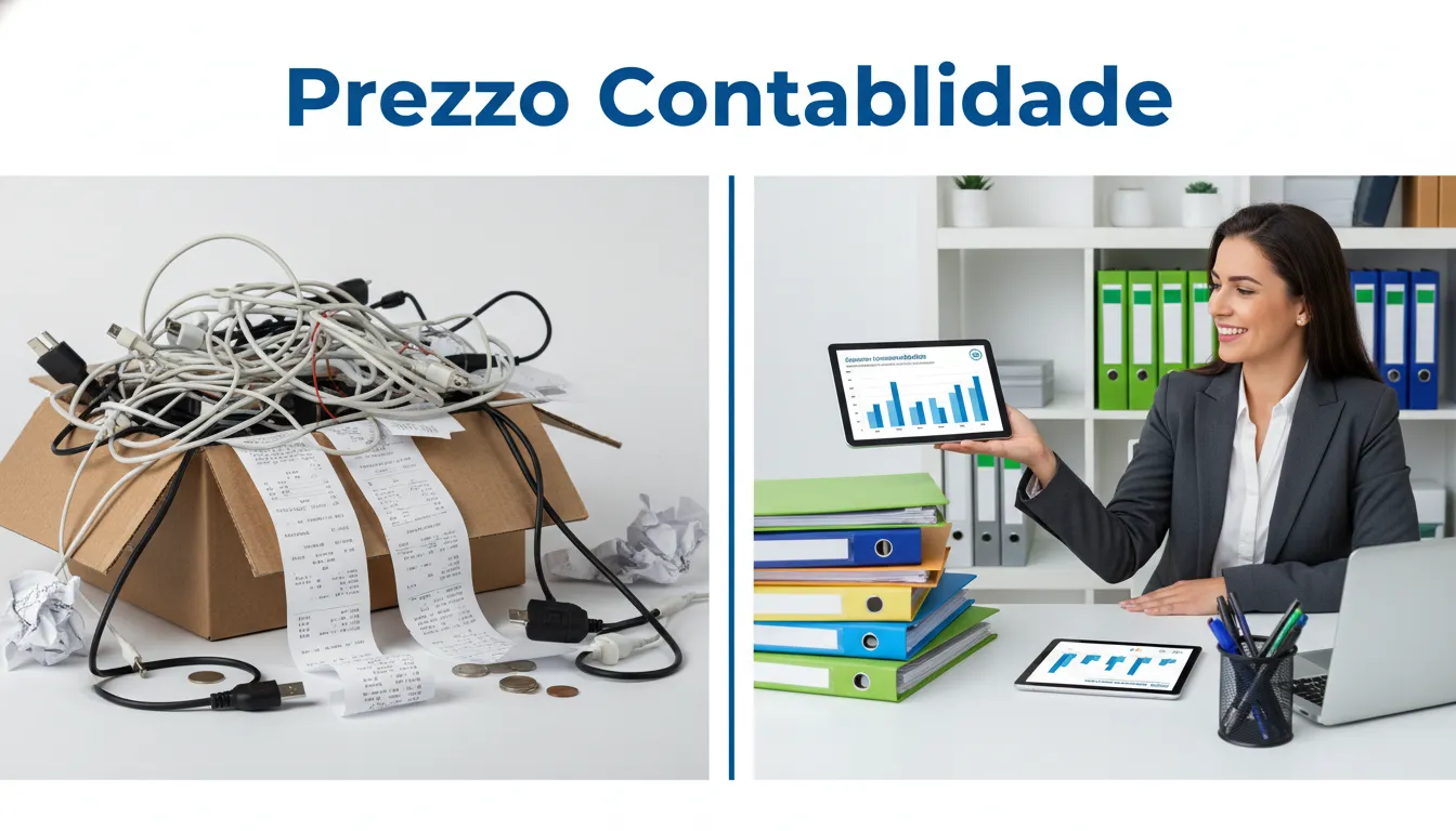 Visão comparativa da organização financeira e contábil. Um lado caótico e outro organizado, demonstrando a importância da Contabilidade para Ecommerce.