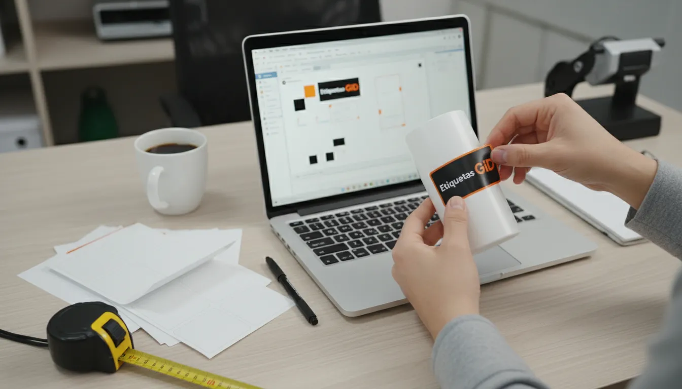 Visão realista de um espaço de trabalho com um designer aplicando um rótulo da GID, demonstrando o processo de rotulagem e as informações obrigatórias no rótulo.