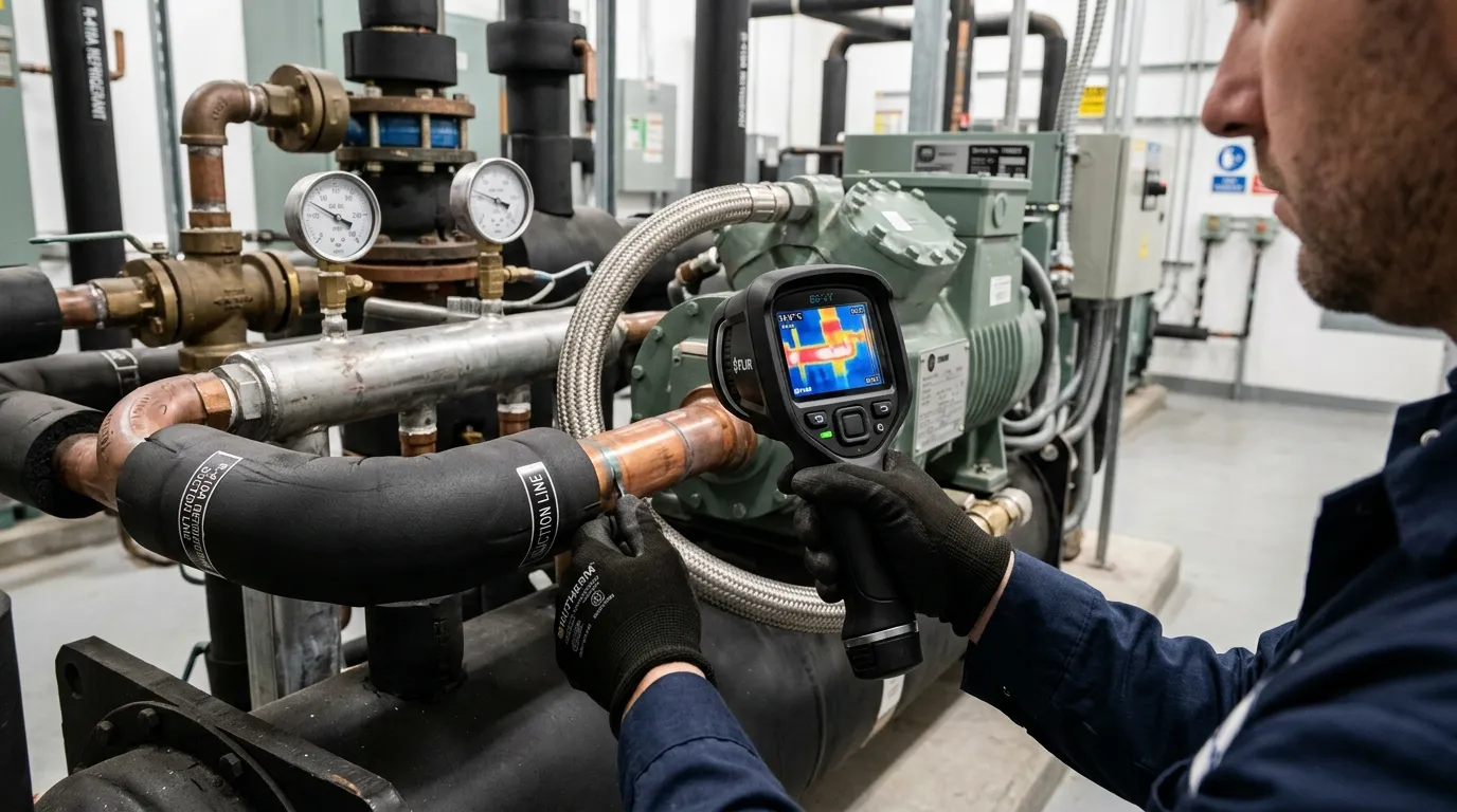Diagnóstico térmico preventivo durante rotina de manutenção de chiller corporativo.