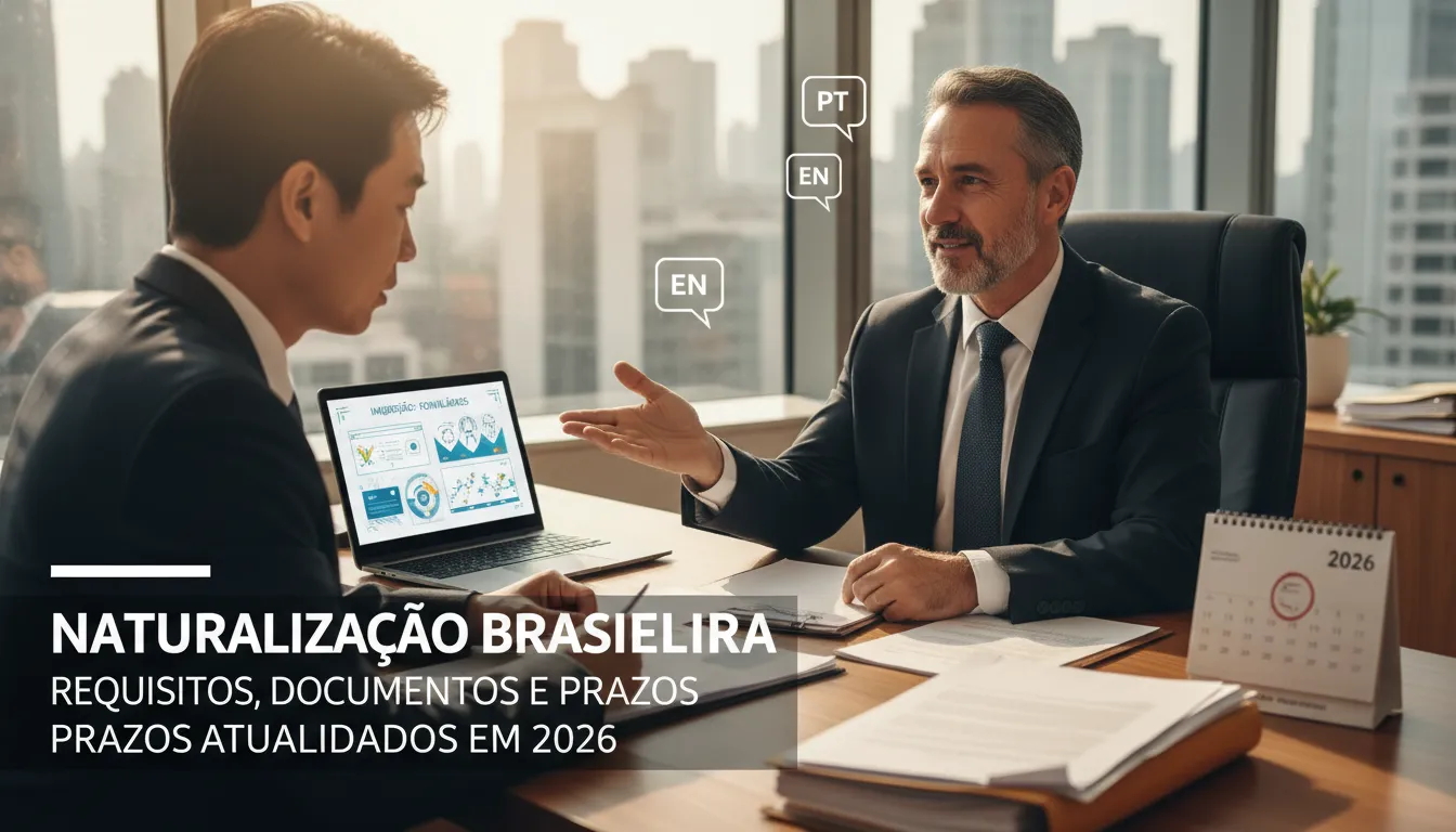 Advogado multilíngue explicando requisitos de naturalização brasileira a cliente estrangeiro com documentação de 2026.