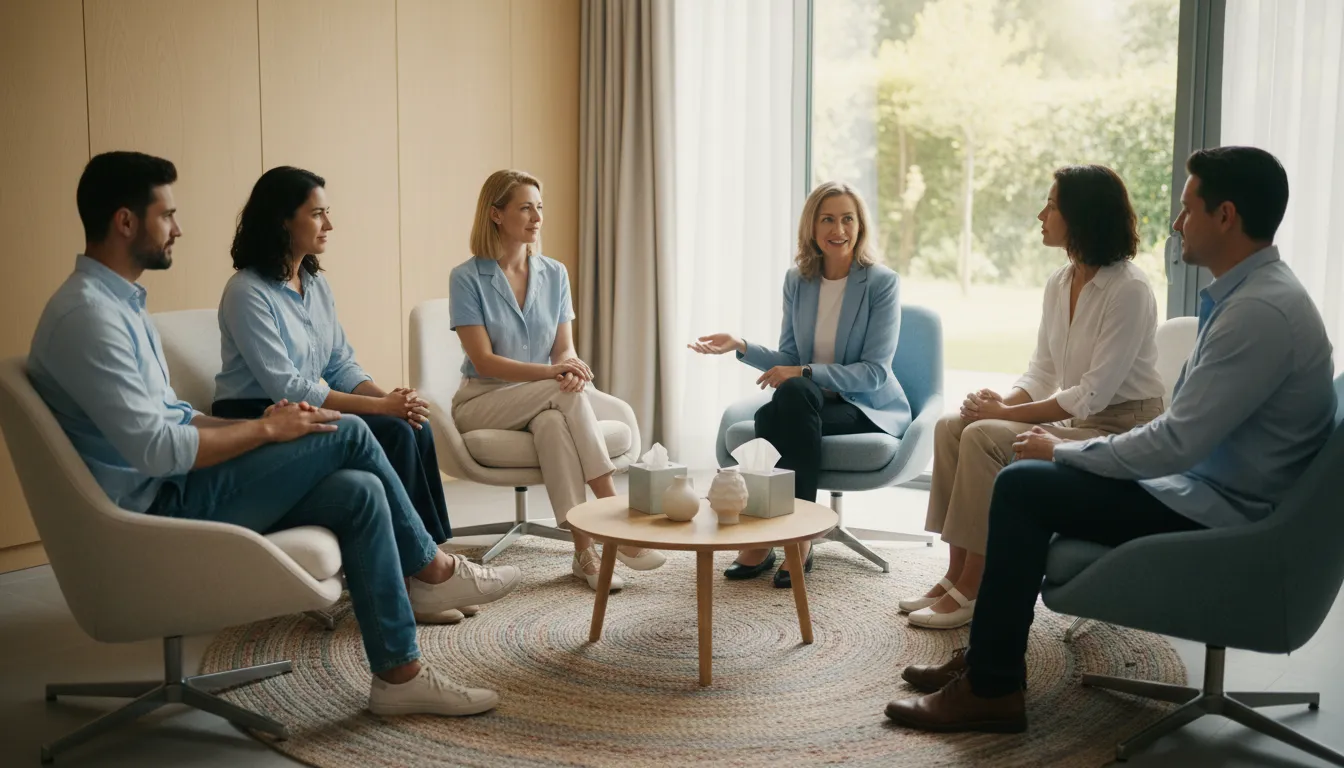 Grupo em sessão de apoio, refletindo o cuidado moderno e o suporte essencial para a saúde emocional.