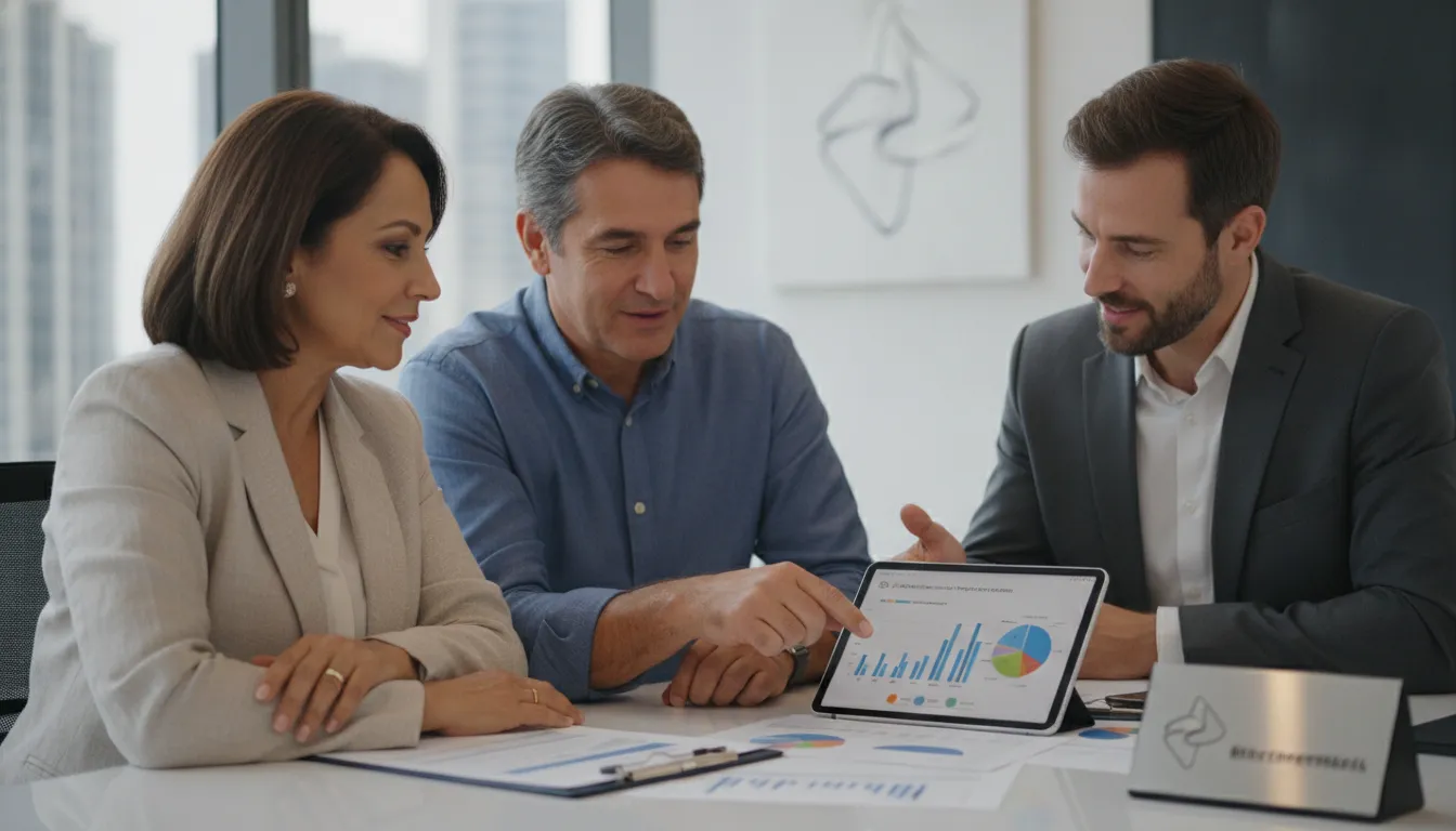 Casal brasileiro discute aposentadoria nos EUA com consultor financeiro, analisando planos e documentos.