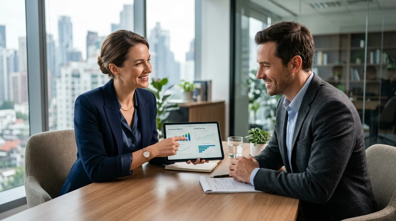 Consultora apresentando soluções e oportunidades de negócios financeiros para empresário.
