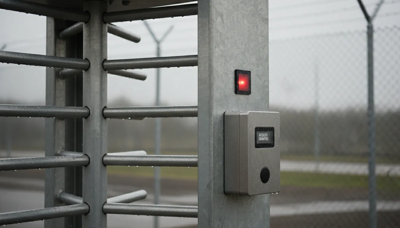Catraca de acesso de segurança de altura total em aço galvanizado, ideal para áreas industriais de alta proteção.