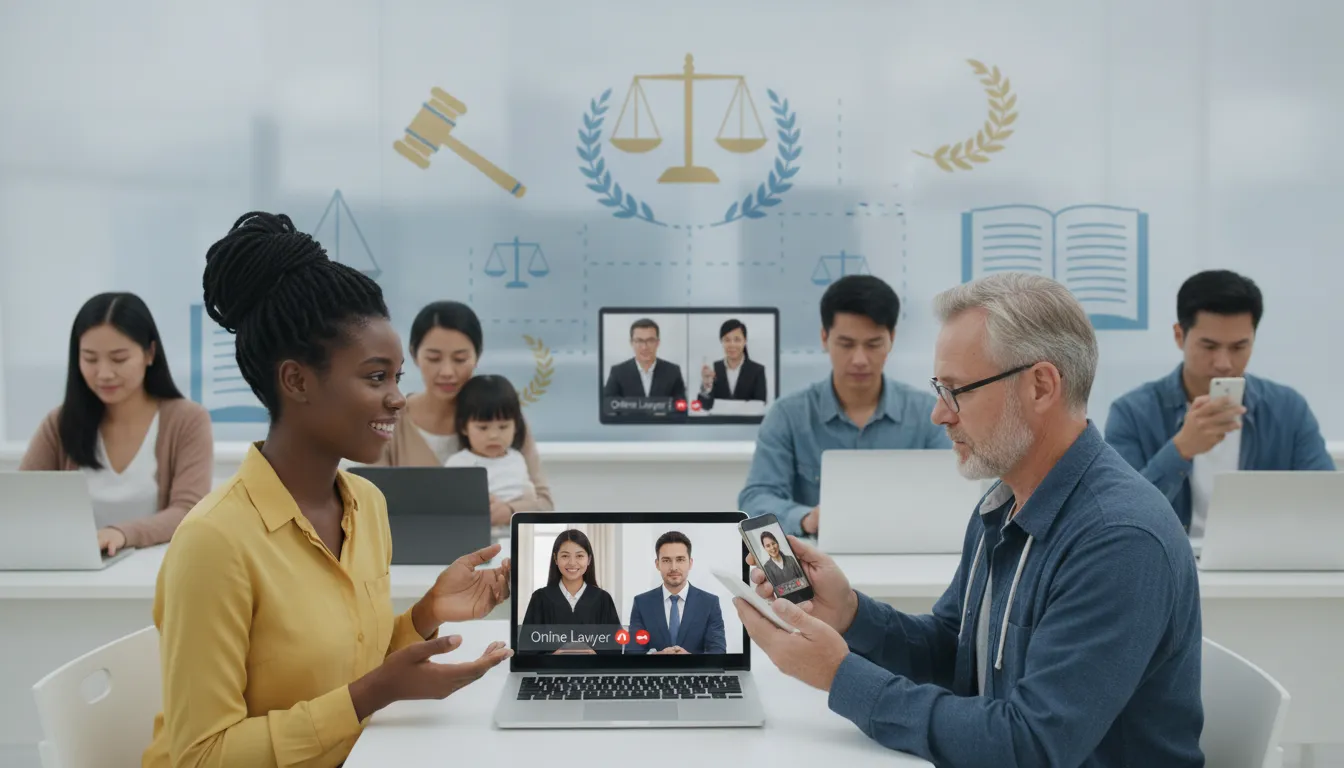 Diversas pessoas acessando serviços de um advogado online, demonstrando a acessibilidade e inclusão.