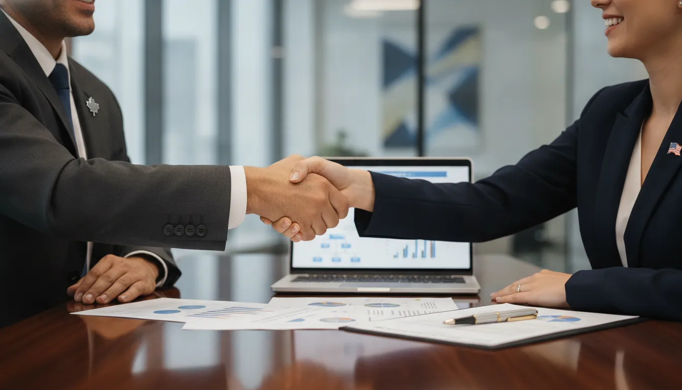 Profissionais canadense e americano apertam mãos, simbolizando colaboração para abrir empresa nos EUA sendo canadense.