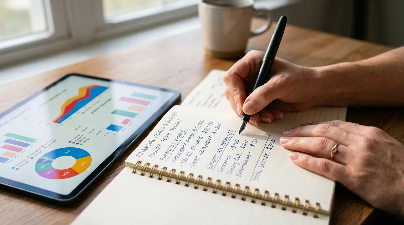 Mãos anotando metas de como organizar as finanças no caderno de planejamento.