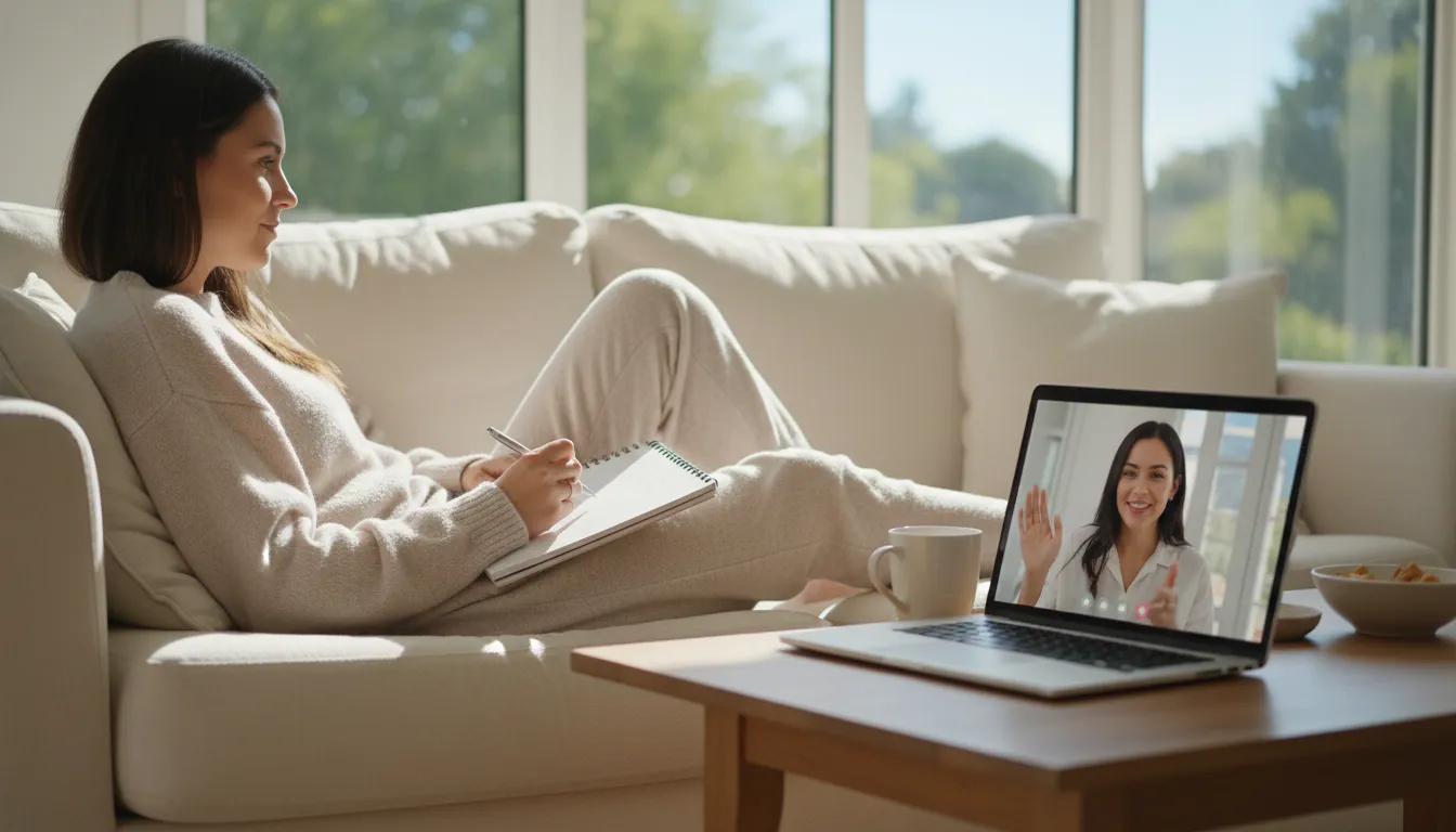 Mulher relaxada participa de sessão de coach online em casa, mostrando conveniência e acessibilidade.