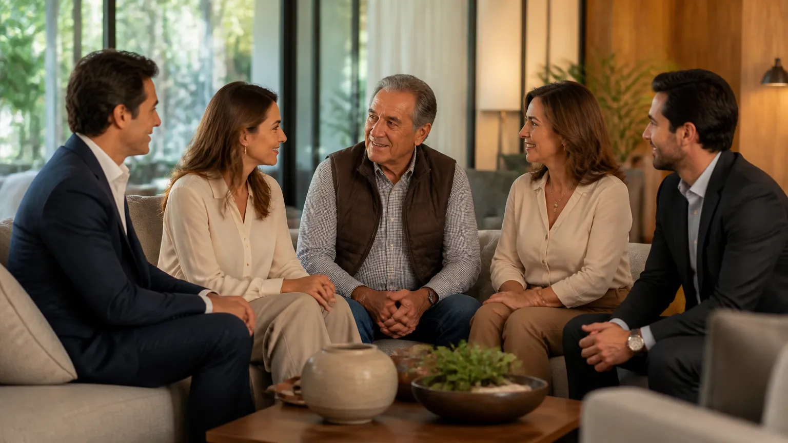 Família reunida analisando estratégias de holding familiar em Curitiba para sucessão tranquila.