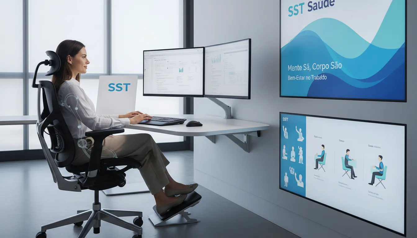 Um escritório moderno com foco na ergonomia e bem-estar dos funcionários, representando uma abordagem proativa para a saúde ocupacional.