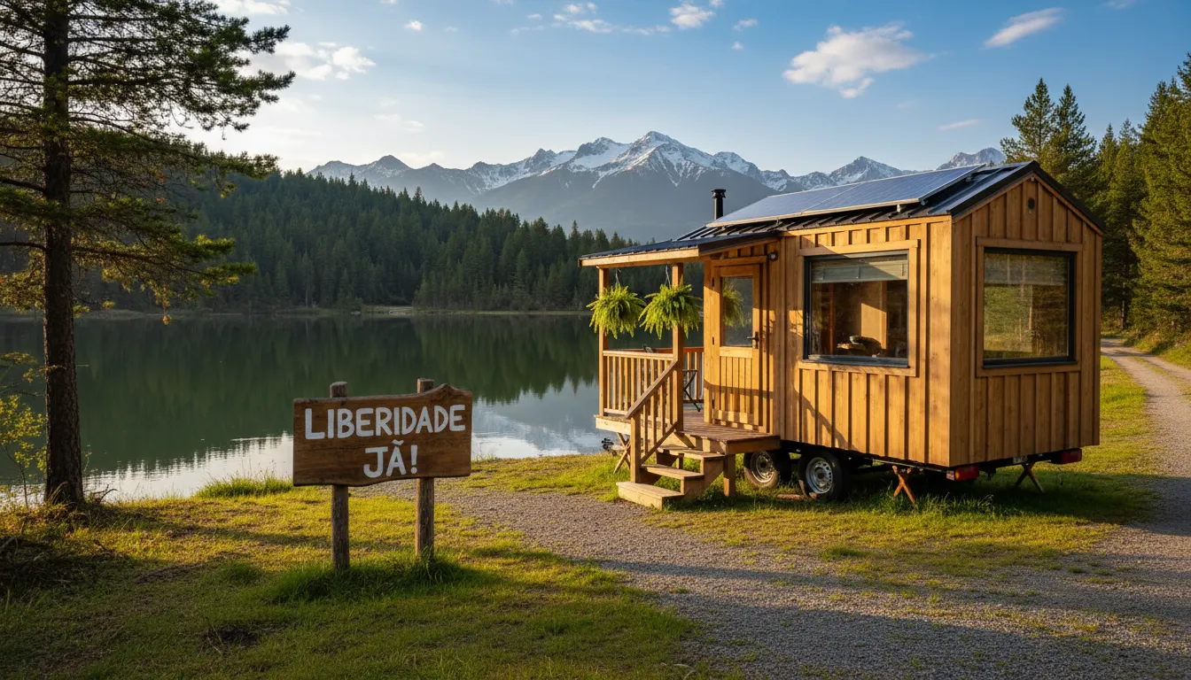 Tiny house móvel da EcoCabanas estacionada perto de um lago cristalino, simbolizando a liberdade de viver onde quiser e a conexão com a natureza.