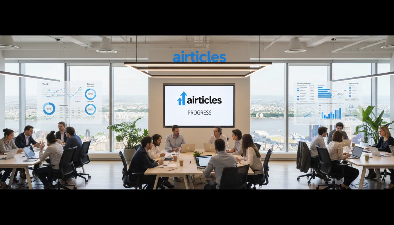 Panoramic view of a Manhattan office where employees collaborate on content marketing with a free keyword generator for content creation.