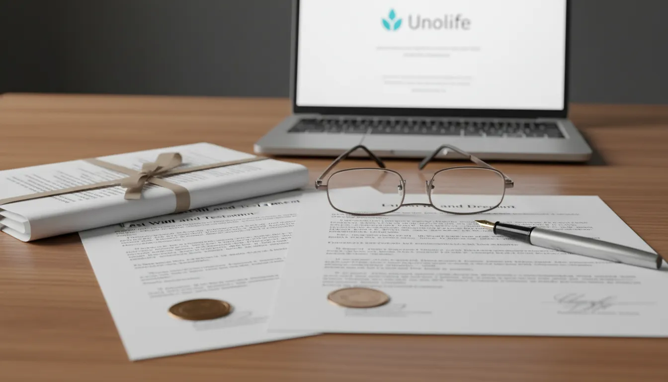 Documentos de herança organizados em uma mesa, com um laptop mostrando o site da Unolife. Encontre um advogado online especialista em herança.