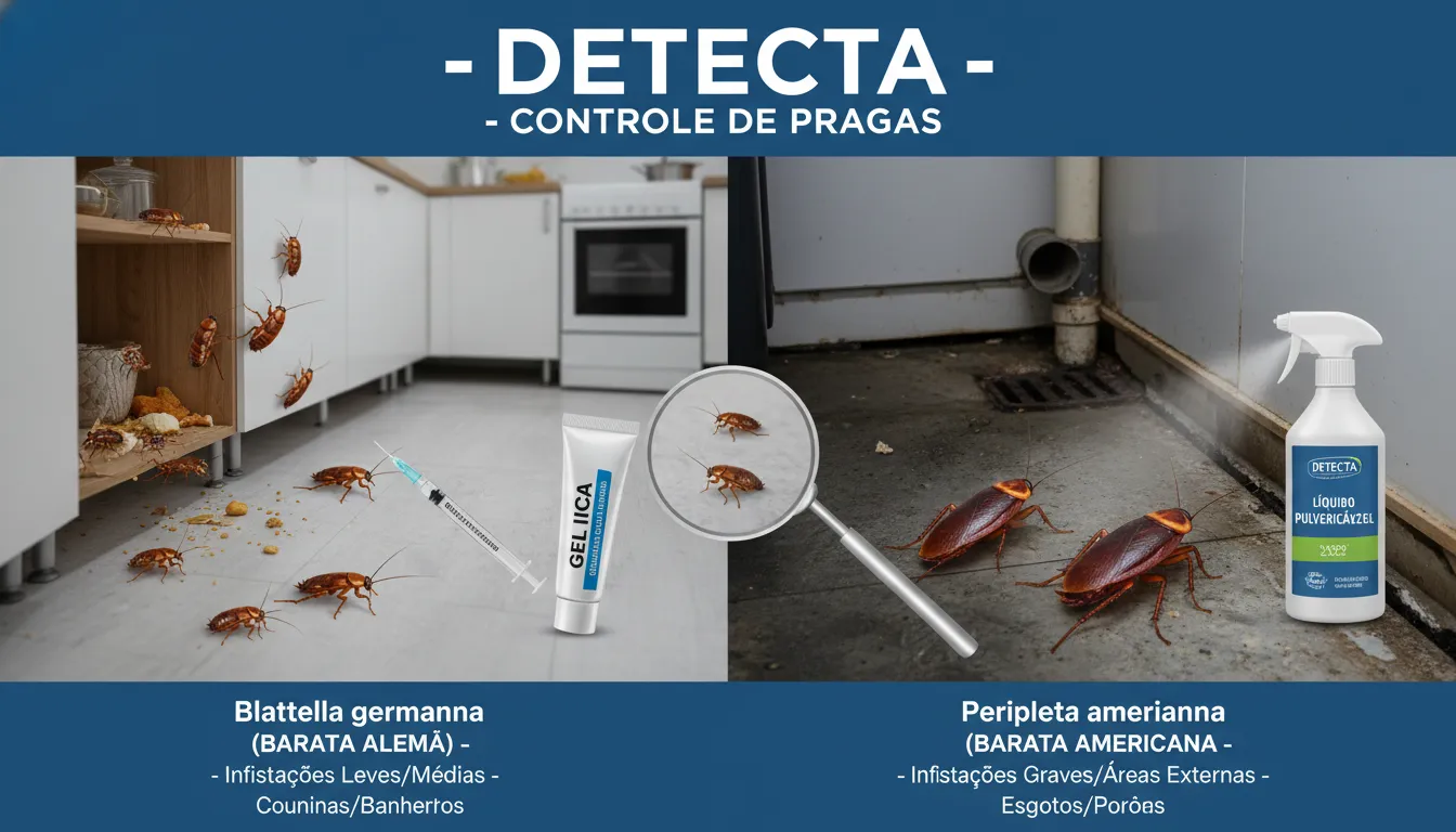 Custo aproximado de uma Dedetização contra baratas depende da espécie e do método de controle. Imagem mostra diferentes tipos de baratas e métodos de dedetização.