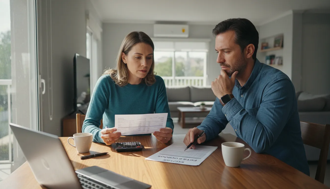 Casal discutindo planejamento financeiro doméstico, focado na decisão do saque-aniversário do FGTS.