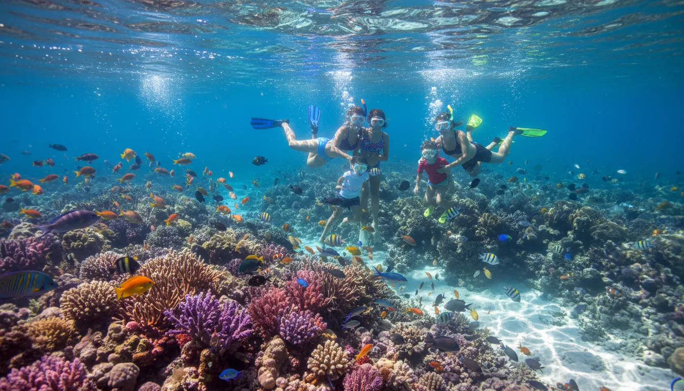 Viajantes exploram recifes de coral coloridos em Cancun, mergulhando nas águas cristalinas para uma experiência única.