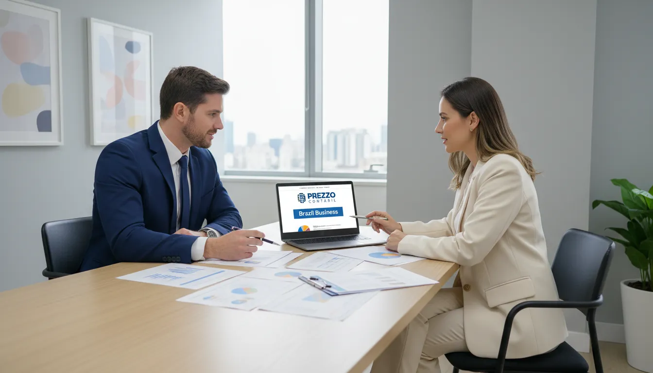 A Prezzo Contábil financial advisor helping an american with how to open a company in brasil. They are reviewing financial documents in a modern office.
