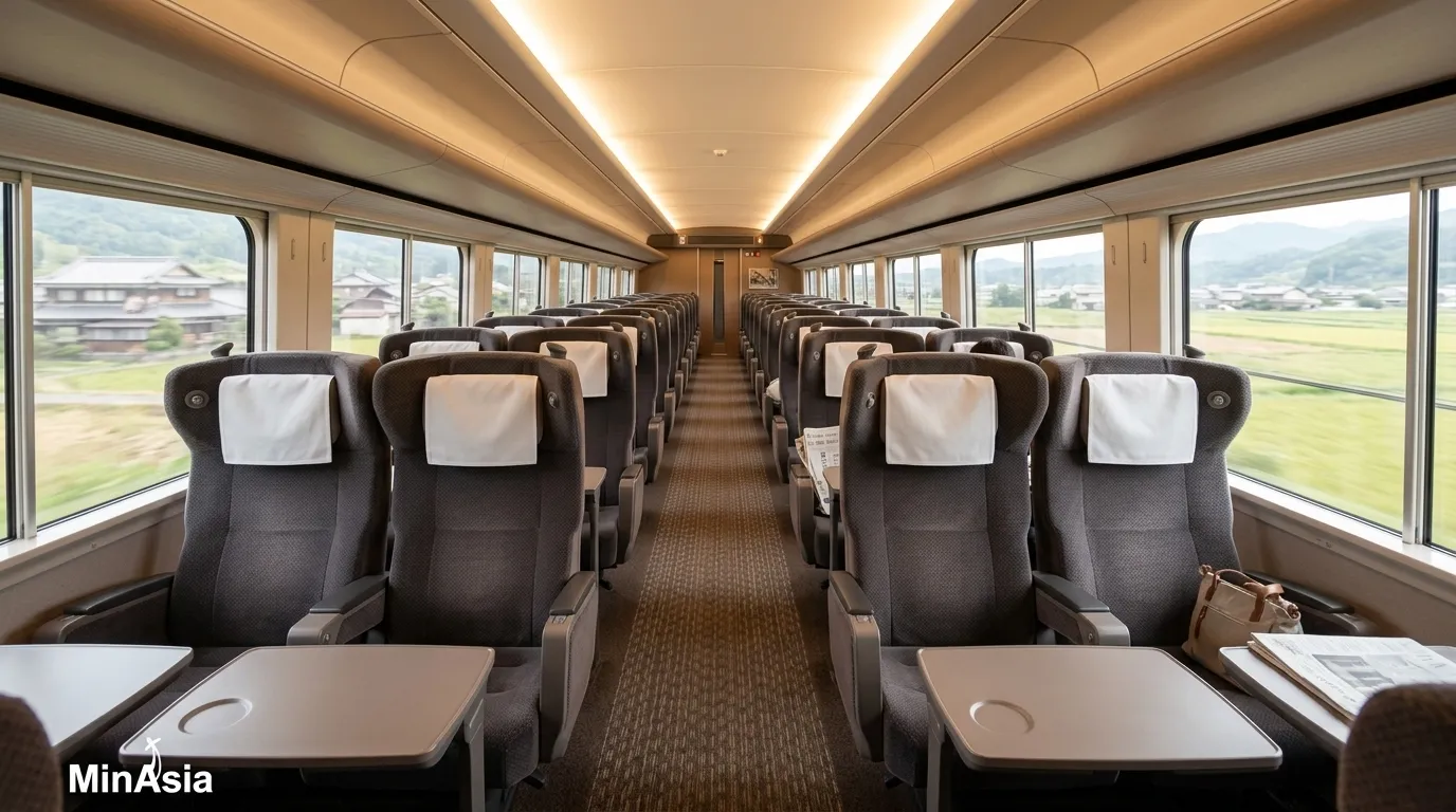 Interior moderno e confortável de um trem bala Japão para passageiros.