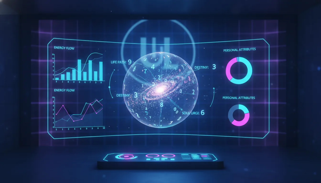 Interface futurista mostrando gráficos de numerologia do ano pessoal, com as previsões online da Unolife facilitando o planejamento pessoal.