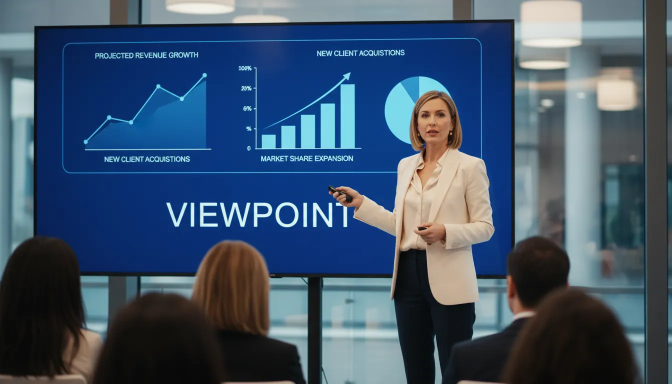 Mulher apresenta estratégia de aquisição de clientes para Viewpoint, com gráficos demonstrando crescimento. Imagem sobre gestão de clientes.