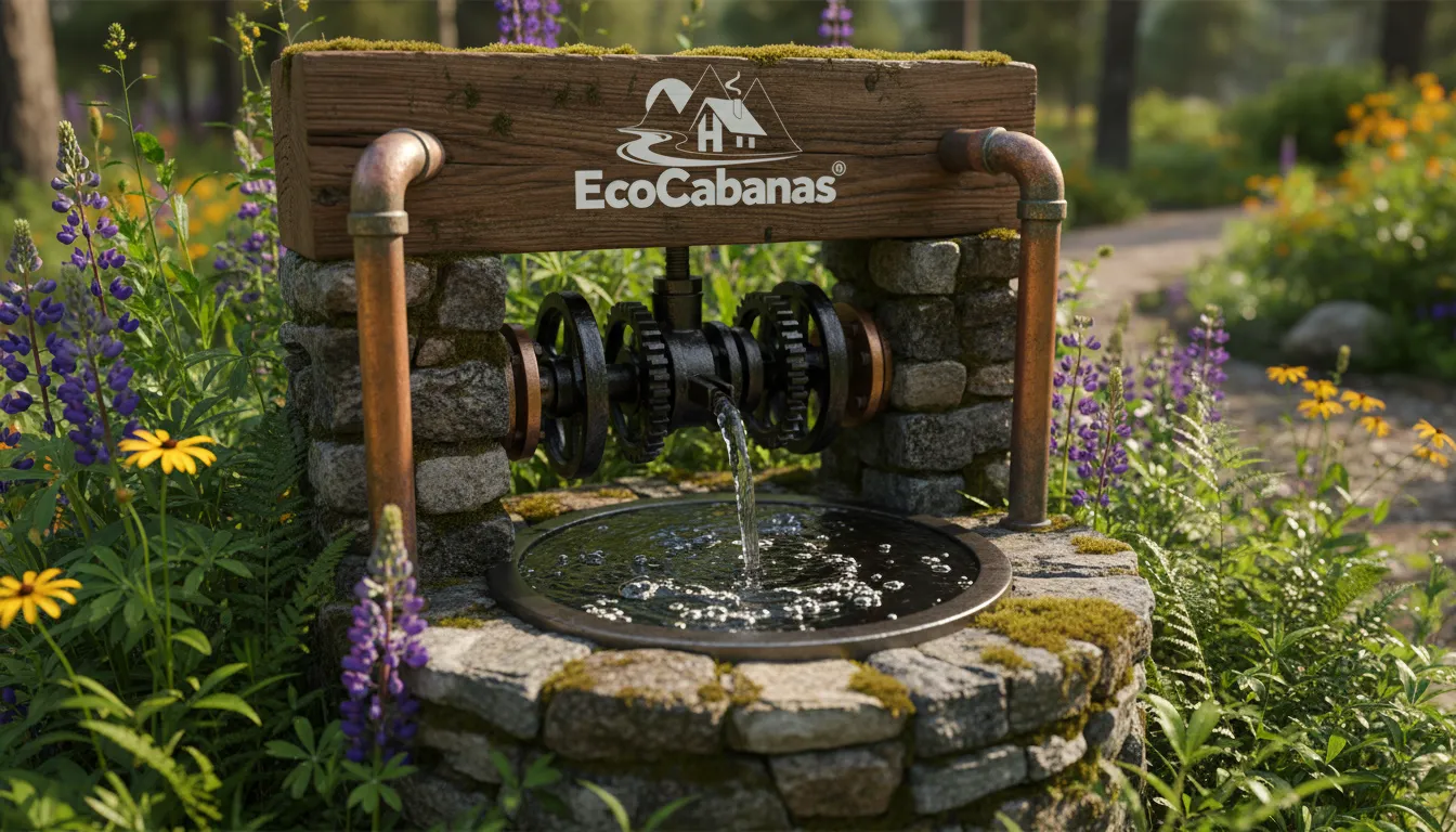 Detalhe realista de um poço artesiano em Eco Cabanas, com plantas nativas ao redor, demonstrando harmonia ecológica.