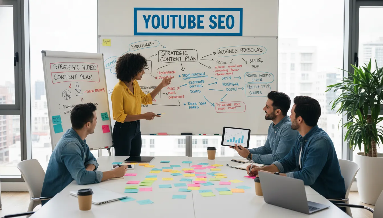 Reunião criativa focada na elaboração de estratégias de SEO para YouTube e presença digital.