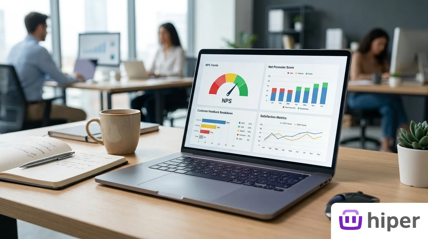 Gestor analisando métricas de pesquisa de satisfação do cliente e NPS no computador.