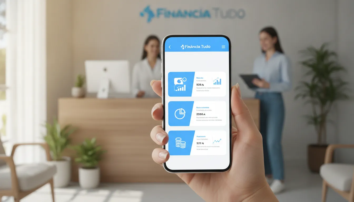 Mão segura smartphone com app Financia Tudo, exibindo opções de financiamento para consultório médico.